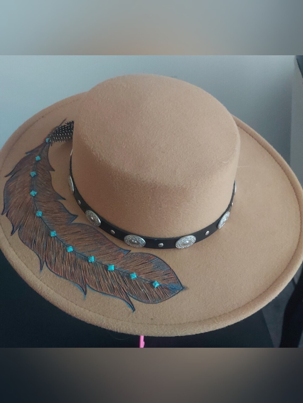 Wide Brim Western Felt Hat with Feather Accent - Tan